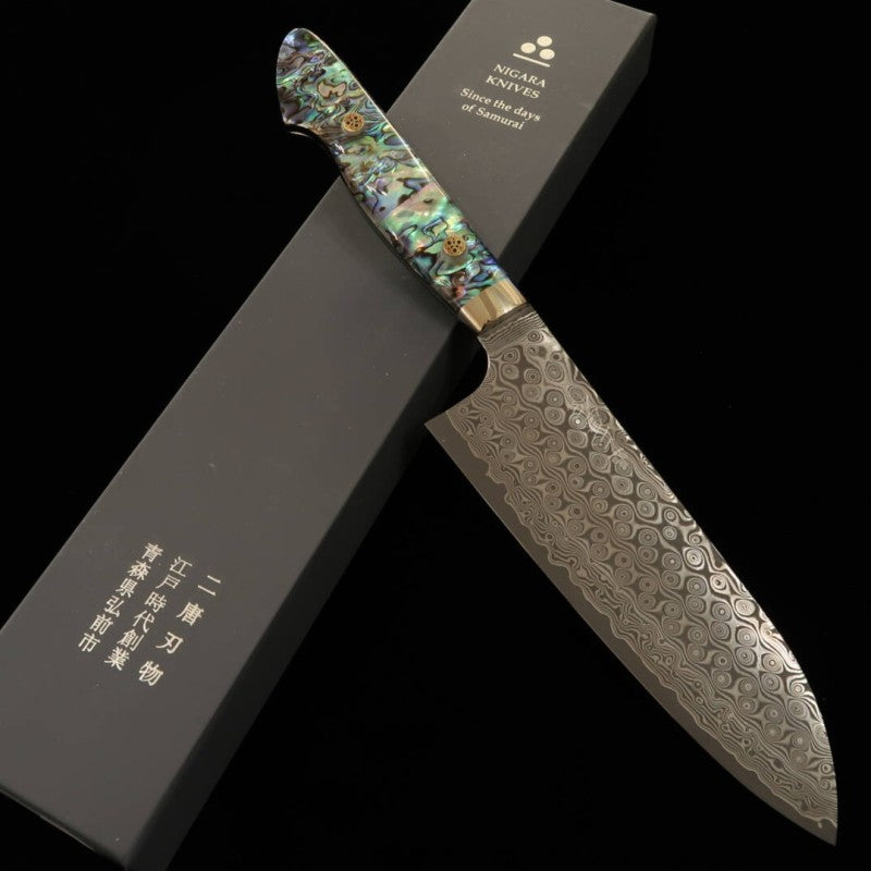 Santoku NIGARA SG2 Damasco oscuro con mango de nácar (180mm)