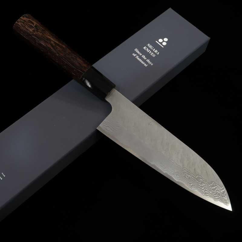 Santoku NIGARA VG10 de Damasco Martelado com Cabo Wengué (180mm)