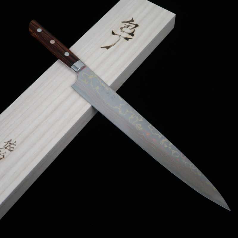 Takeshi Saji Sujihiki Aogami No. 2 Colored Damascus Ironwood handle (270mm)