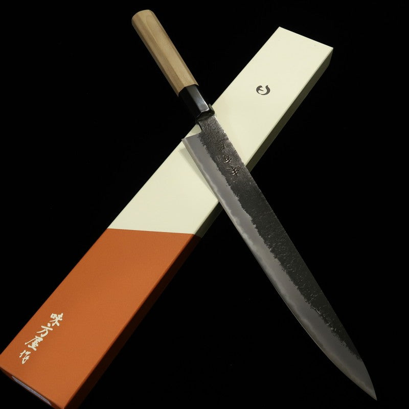 Ajikataya Hinoura Shirogami No. 2 Acabamento Kurouchi Cabo em Magnólia octogonal Sujihiki (240/270mm)