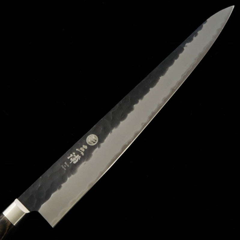 MIURA Sujihiki Aogami Super Acabamento Martelado Preto Cabo Marrom Escuro (240mm)