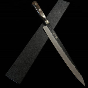 MIURA Sujihiki Aogami Super Acabamento Martelado Preto Cabo Marrom Escuro (240mm)