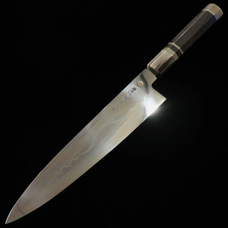 Suishin SUISIN Gyuto japonés Fuji Mizumoto Ikeda Miwa Acero Shirogami 1 Mango de ébano con anillo plateado Doble espejo Pulido en el talón Funda lacada Bolsa de brocado Caja de madera de kiri (270 mm)