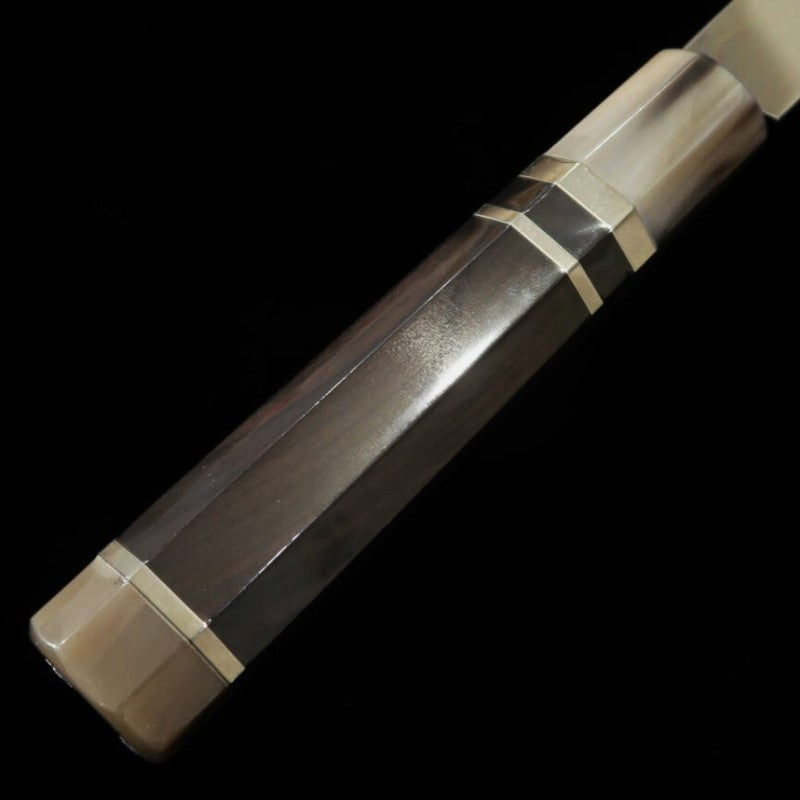 Suishin SUISIN Gyuto japonés Fuji Mizumoto Ikeda Miwa Acero Shirogami 1 Mango de ébano con anillo plateado Doble espejo Pulido en el talón Funda lacada Bolsa de brocado Caja de madera de kiri (270 mm)