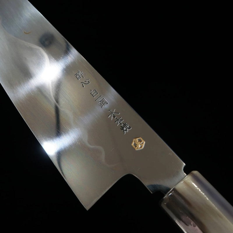 Suishin SUISIN Gyuto japonés Fuji Mizumoto Ikeda Miwa Acero Shirogami 1 Mango de ébano con anillo plateado Doble espejo Pulido en el talón Funda lacada Bolsa de brocado Caja de madera de kiri (270 mm)