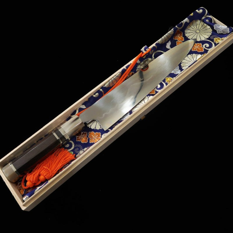 Suishin SUISIN Gyuto japonés Fuji Mizumoto Ikeda Miwa Acero Shirogami 1 Mango de ébano con anillo plateado Doble espejo Pulido en el talón Funda lacada Bolsa de brocado Caja de madera de kiri (270 mm)