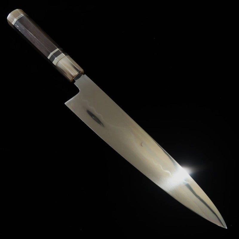Suishin SUISIN Gyuto japonés Fuji Mizumoto Ikeda Miwa Acero Shirogami 1 Mango de ébano con anillo plateado Doble espejo Pulido en el talón Funda lacada Bolsa de brocado Caja de madera de kiri (270 mm)