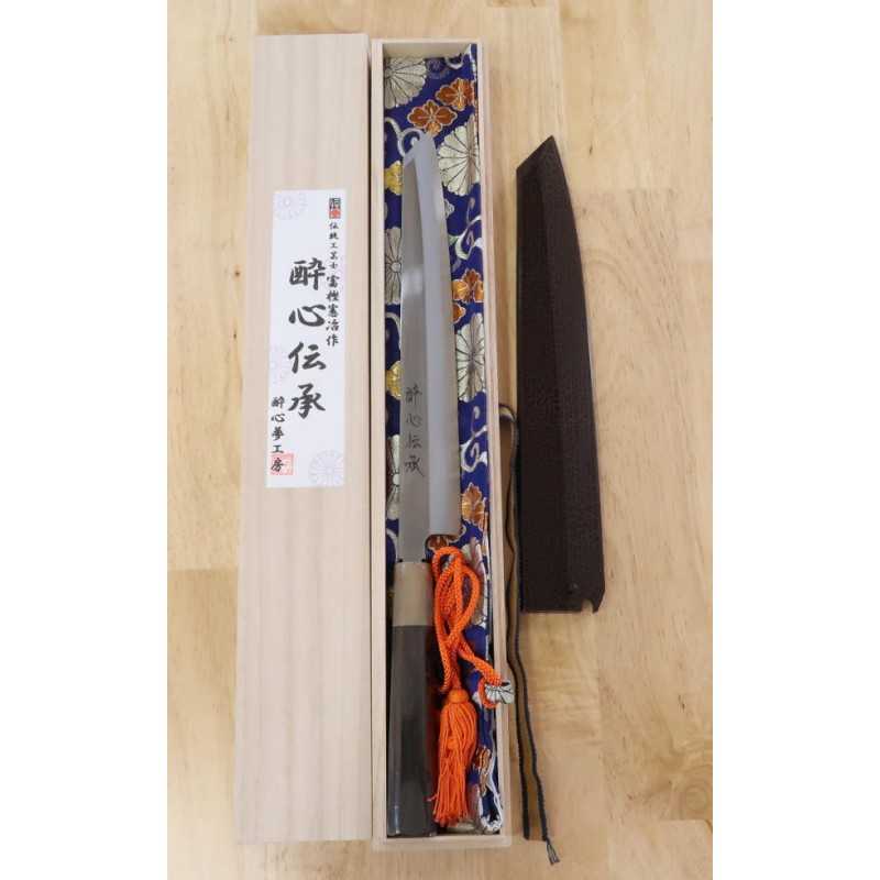 SUISIN Densho Yanagiba en forme de sabre Acier blanc No.1, manche en ébène (27/30 mm)
