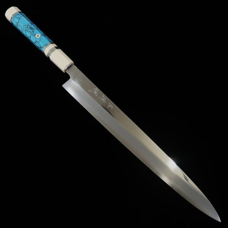MIURA Obidama, Yanagiba, VG10, Finition miroir, Manche personnalisé turquoise (300mm)