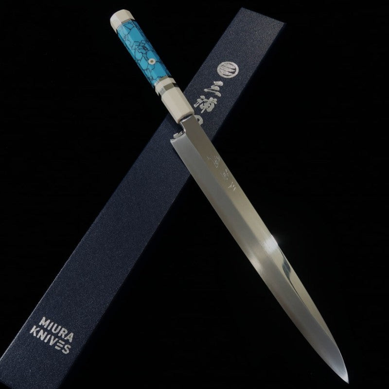 MIURA Obidama, Yanagiba, VG10, Finition miroir, Manche personnalisé turquoise (300mm)