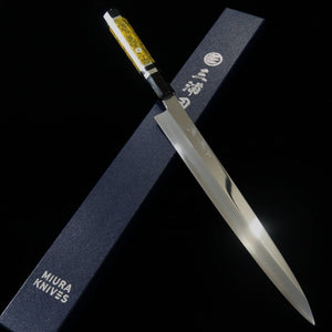 MIURA Obidama, Yanagiba, VG10, Finition miroir, Manche jaune (300 mm)