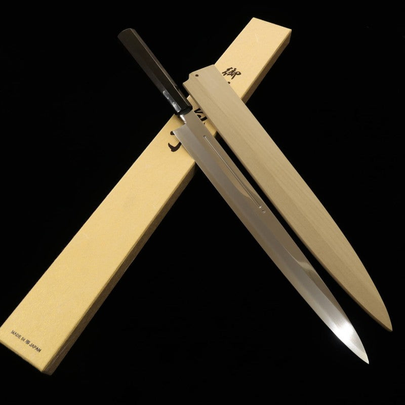 MIURA acero Gingami nº3 con canal para sangre, mango de ébano, vaina de magnolia, yanagiba (330 mm)