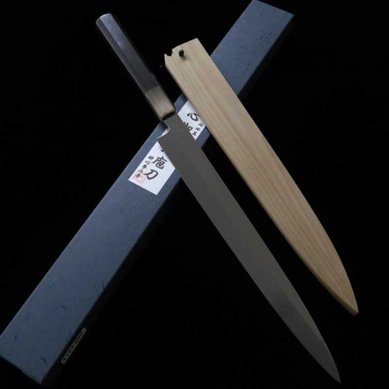 Yanagiba SUISIN by Miwa Ikeda, Shiragami No. 2, Mizuhonyaki, flat mirror finish, ebony octagonal handle (300mm)