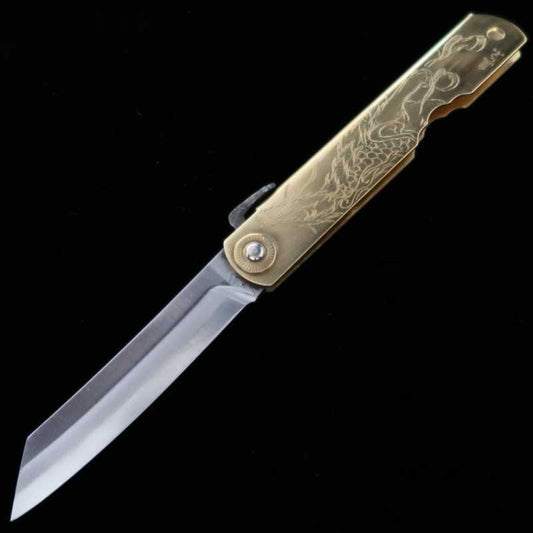 Japanese Folding knife HIGONOKAMI Blue Steel Brass Handle Kirin (72/90mm)