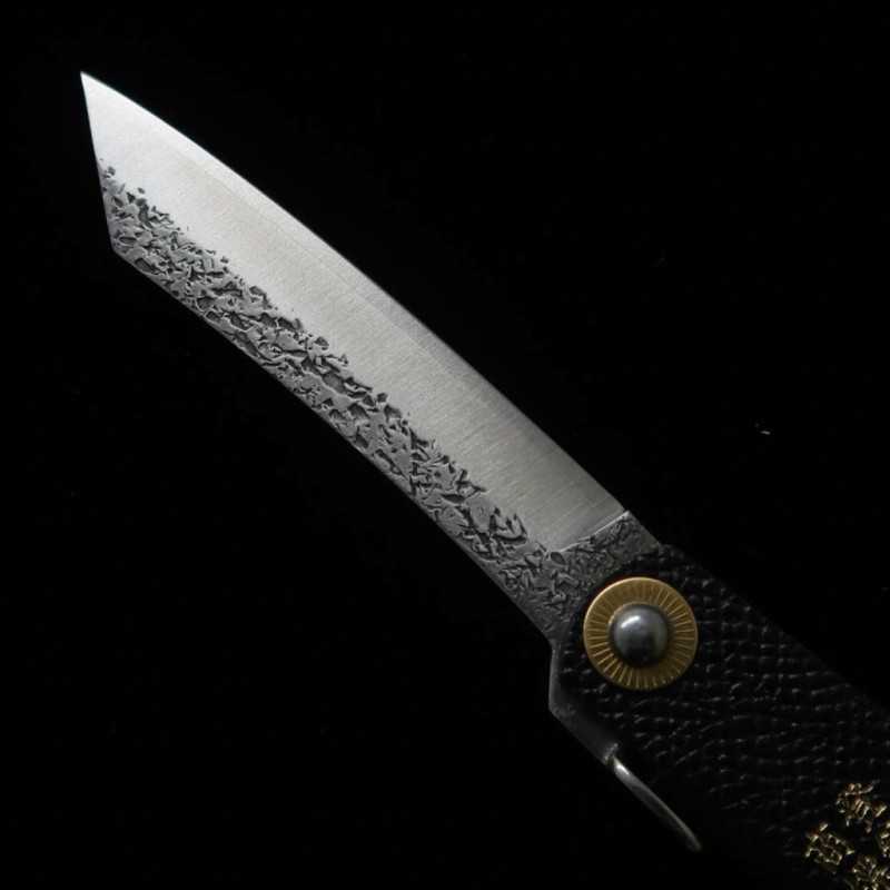 Japanese Folding knife HIGONOKAMI VG10 Hammered Leather Handle Black (72mm)