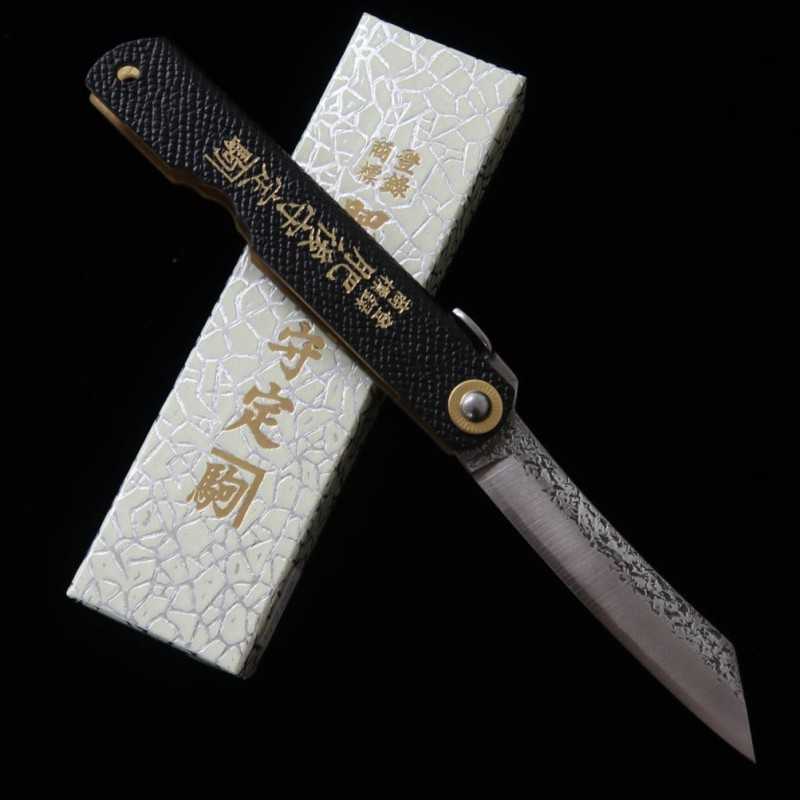 Japanese Folding knife HIGONOKAMI VG10 Hammered Leather Handle Black (72mm)