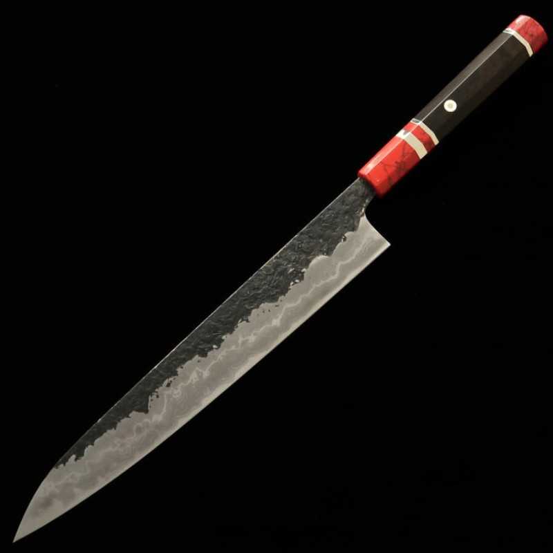 KISUKE [ENN] Manaka Hamono Tanrenjo sujihiki Aogami nº1 acabado negro martillado damasco hon-kasumi, mango personalizado rojo (270 mm)