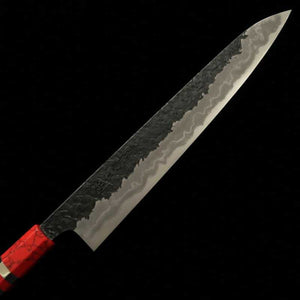 KISUKE [ENN] Manaka Hamono Tanrenjo sujihiki Aogami nº1 acabado negro martillado damasco hon-kasumi, mango personalizado rojo (270 mm)