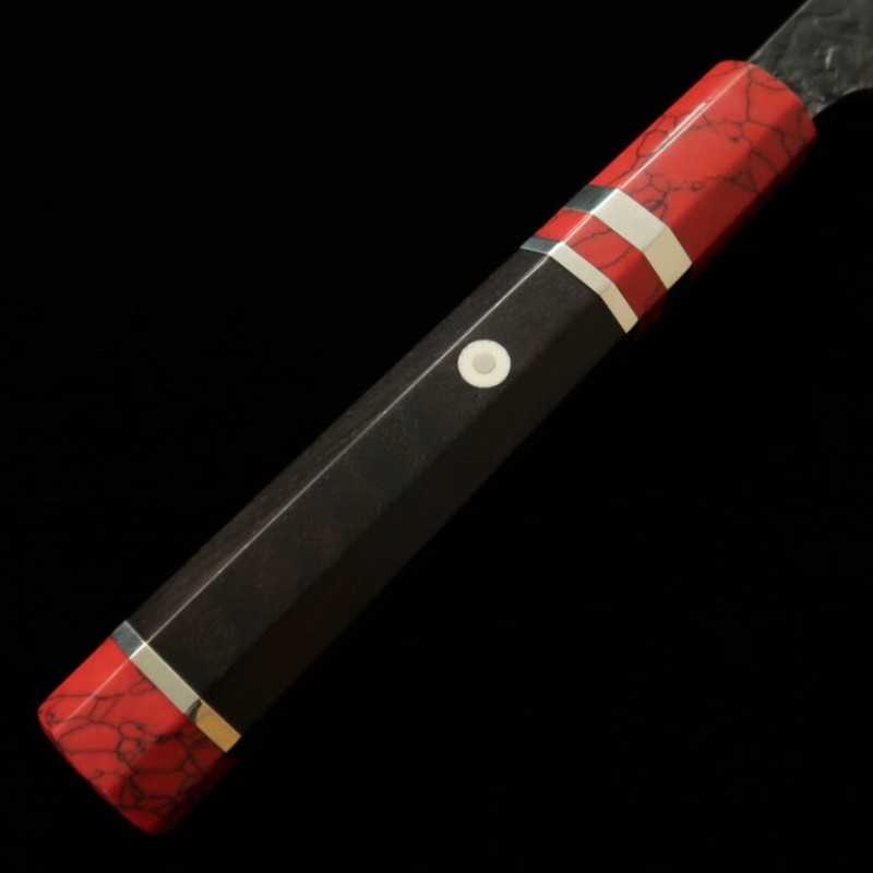 KISUKE [ENN] Manaka Hamono Tanrenjo sujihiki Aogami nº1 acabado negro martillado damasco hon-kasumi, mango personalizado rojo (270 mm)