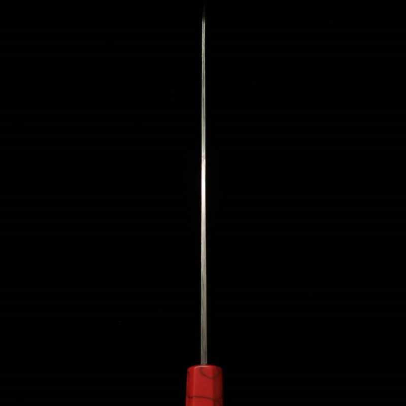 KISUKE [ENN] Manaka Hamono Tanrenjo sujihiki Aogami nº1 acabado negro martillado damasco hon-kasumi, mango personalizado rojo (270 mm)
