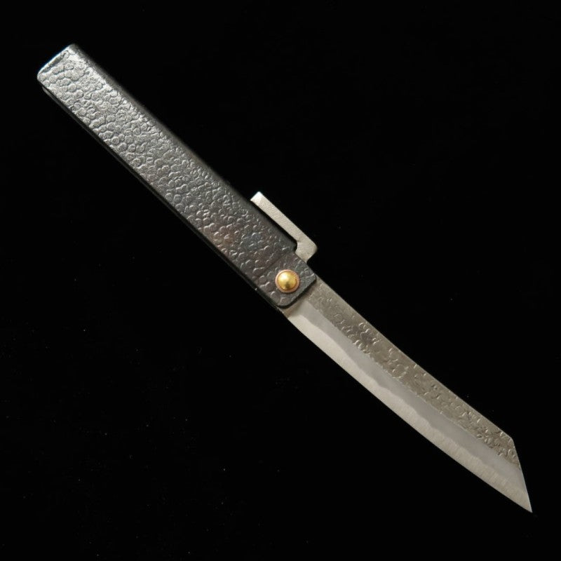 Obra de Tomita Cuchillo Higo hoja de hierro forjado extra grande tipo espada martillada acabado negro con caja de kiri y bolsa de almacenamiento (95 mm)