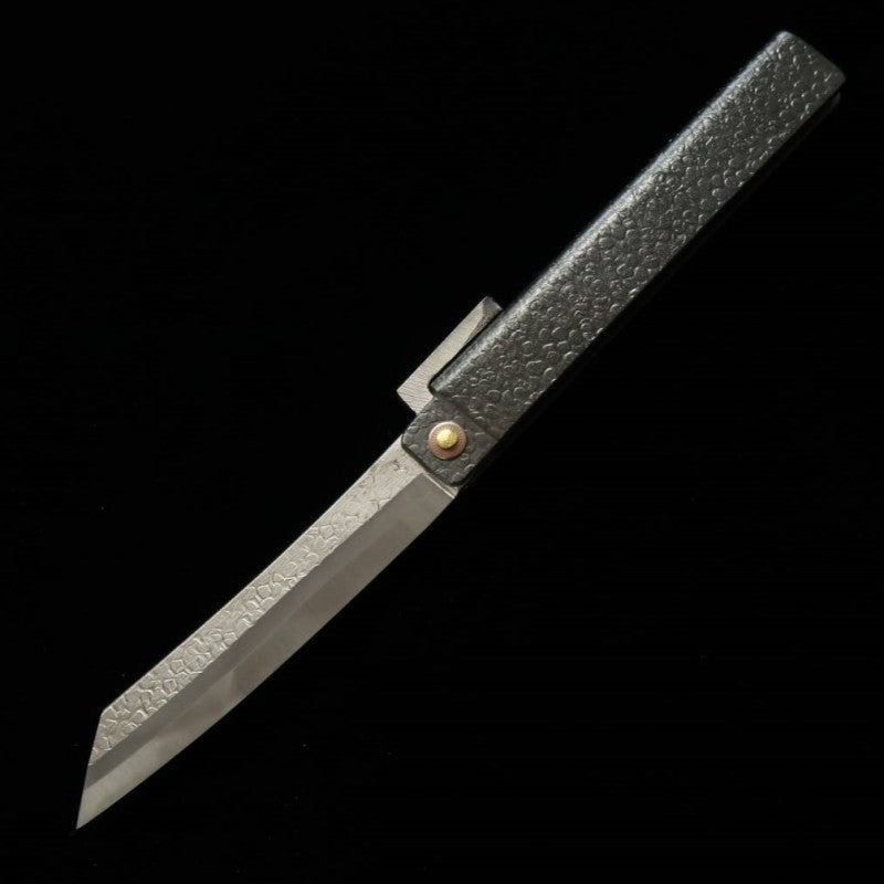 Obra de Tomita Cuchillo Higo hoja de hierro forjado extra grande tipo espada martillada acabado negro con caja de kiri y bolsa de almacenamiento (95 mm)