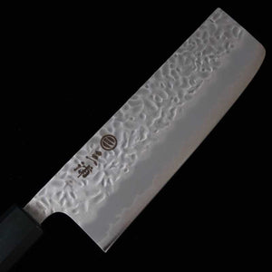 Miura MIURA Hakushi nº1, núcleo de acero al carbono con revestimiento inoxidable, acabado martillado, nakiri, mango octogonal índigo (165 mm)