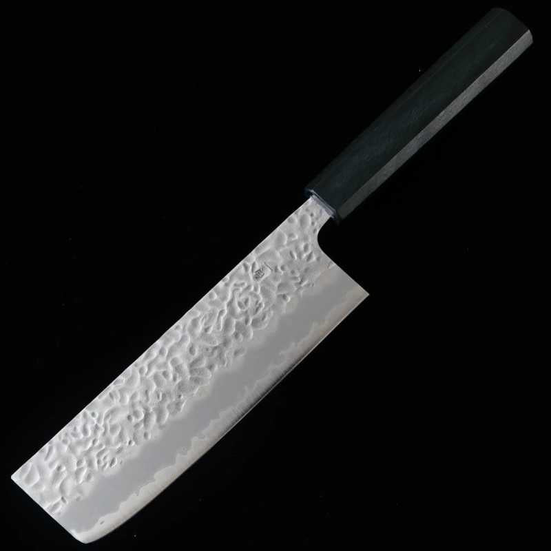 Miura MIURA Hakushi nº1, núcleo de acero al carbono con revestimiento inoxidable, acabado martillado, nakiri, mango octogonal índigo (165 mm)