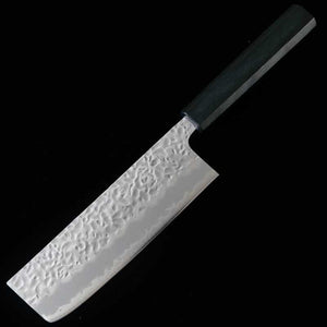 Miura MIURA Hakushi nº1, núcleo de acero al carbono con revestimiento inoxidable, acabado martillado, nakiri, mango octogonal índigo (165 mm)