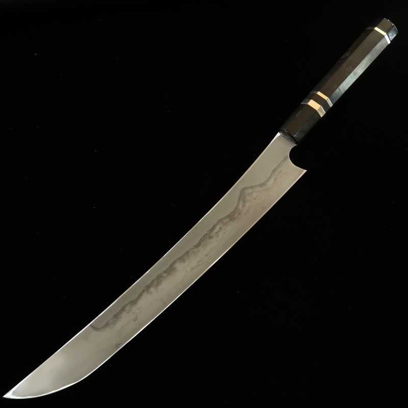 NIGARA Yanagiba pointe arrondie, acier blanc #1, trempe intégrale, manche ébène cerclé d'argent (300mm)