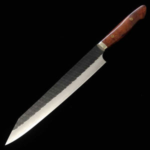 Nigara Hamono NIGARA SG2 acabado negro martillado, kiritsuke sujihiki, mango de madera de burl de carpe (custom) (255 mm)