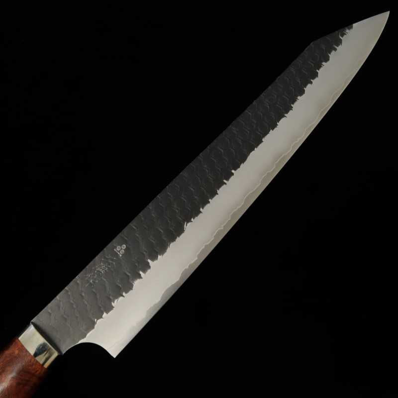 Nigara Hamono NIGARA SG2 acabado negro martillado, kiritsuke sujihiki, mango de madera de burl de carpe (custom) (255 mm)