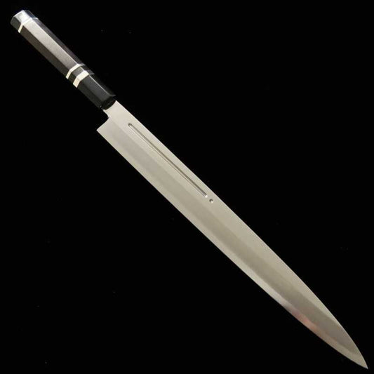 三浦 MIURA 柳刃 銀紙三号 血流し付き 黒檀銀巻柄 朴鞘 (300mm)